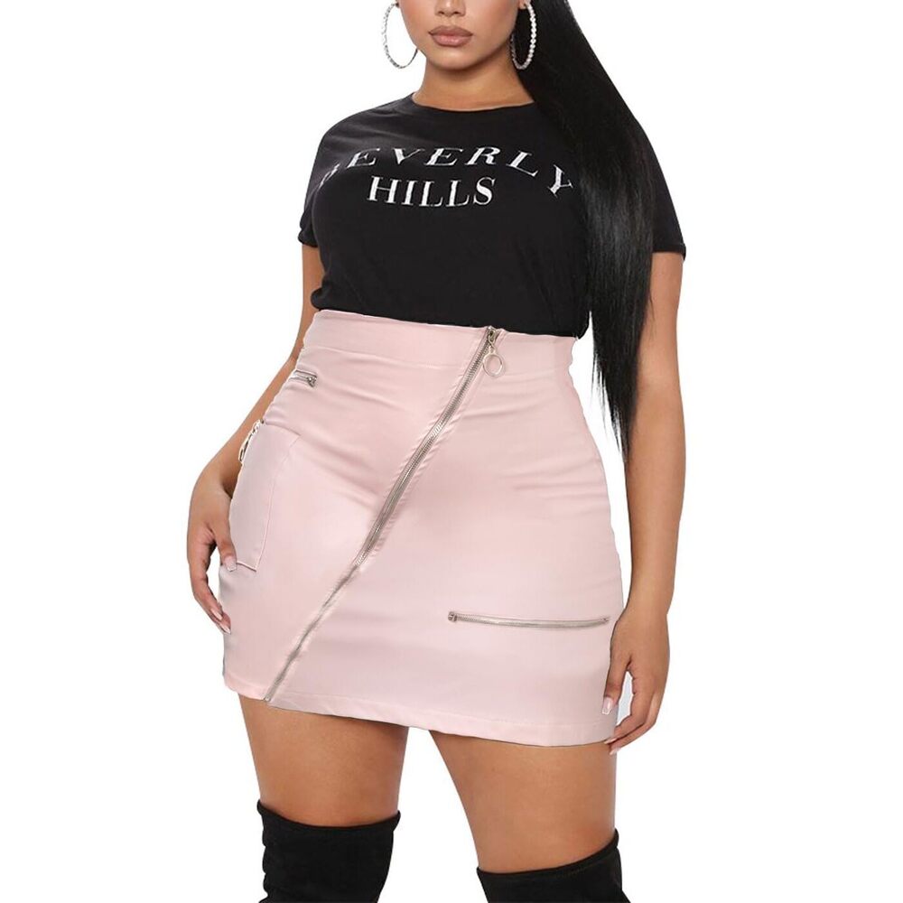 8795 ’s Plus Size Zipper PU Faux Leather Skirt Short High Waist Mini